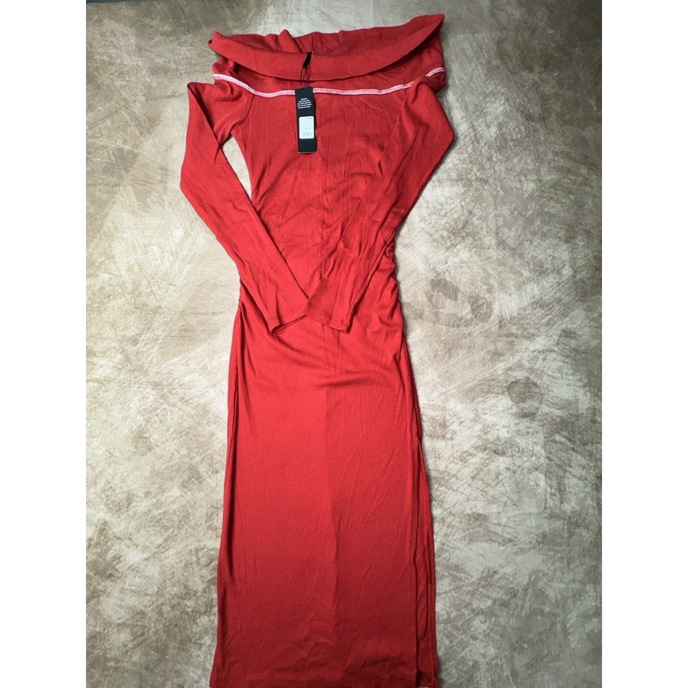 Fashion Nova Red Ribbed Knit Bodycon Loose Neck Long Sleeve Midi Dress Small NWT